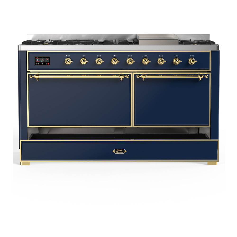 ILVE UM60FQNR3MBG Majestic III 60 inch Dual Fuel Range with 9 Burners and Griddle, Dual Function Burner up to 25,000 BTU (Natural Gas, Solid Door, Midnight Blue, Brass) 5 ILVE-UM60FQNR3MBG-Drawer Open View