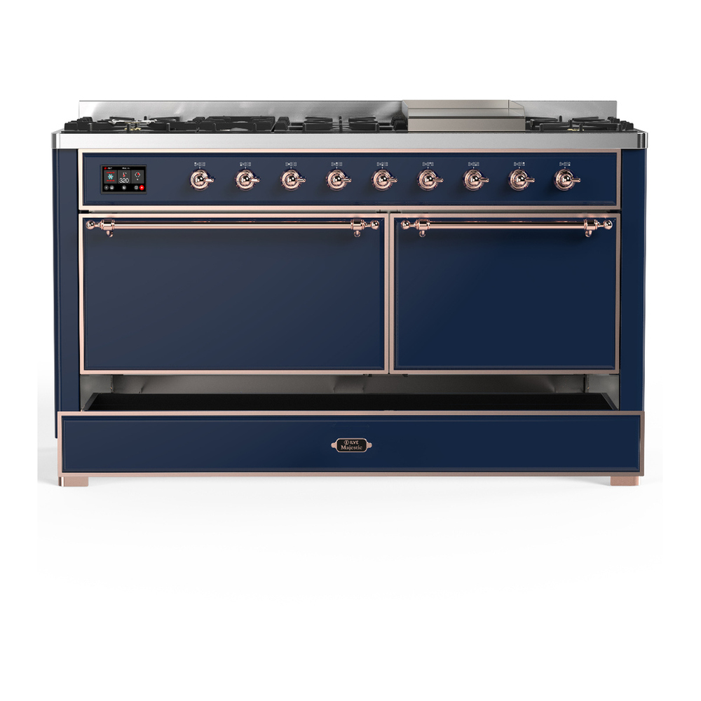 ILVE UM60FQNR3MBPLP Majestic III 60 inch Dual Fuel Range with 9 Burners and Griddle, Dual Function Burner up to 25,000 BTU (Liquid Propane, Solid Door, Midnight Blue, Copper) 5 ILVE-UM60FQNR3MBPLP-Drawer Open View