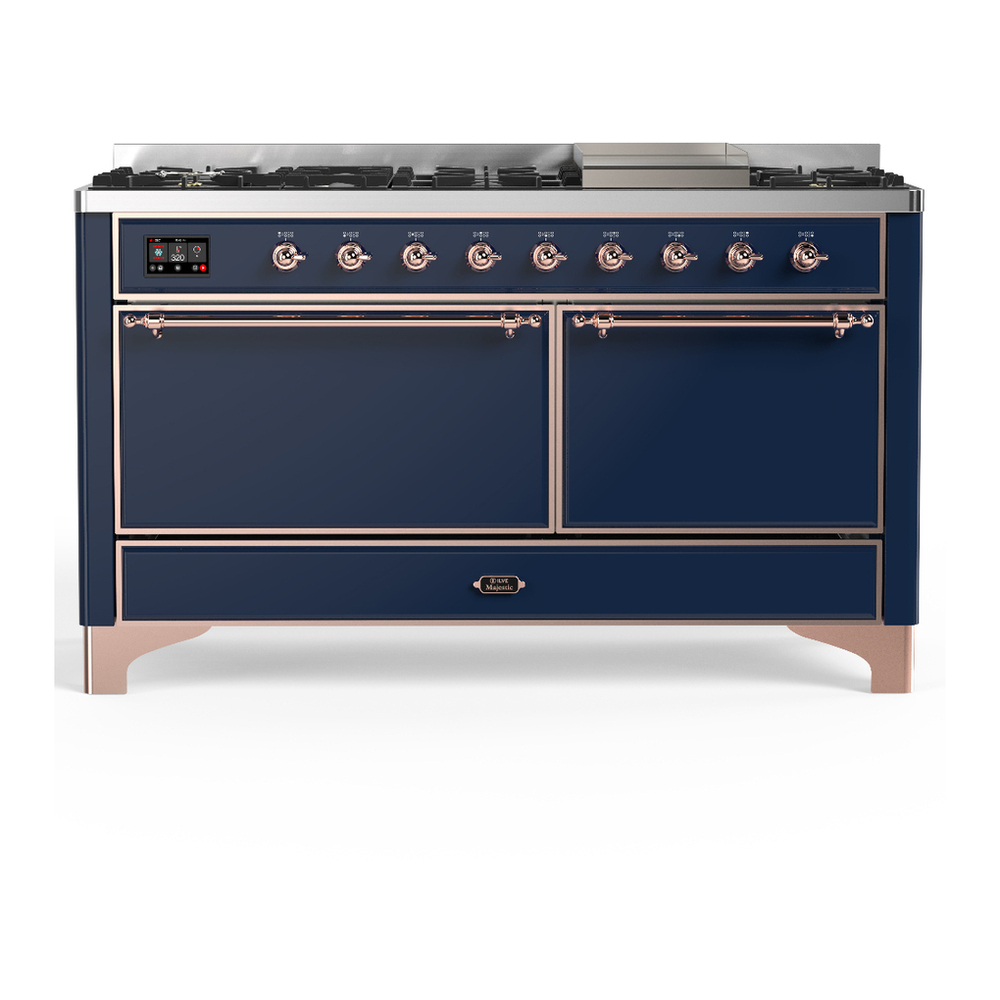 ILVE UM60FQNR3MBP Majestic III 60 inch Dual Fuel Range with 9 Burners and Griddle, Dual Function Burner up to 25,000 BTU (Natural Gas, Solid Door, Midnight Blue, Copper) 1 UM60FQNR3MBP