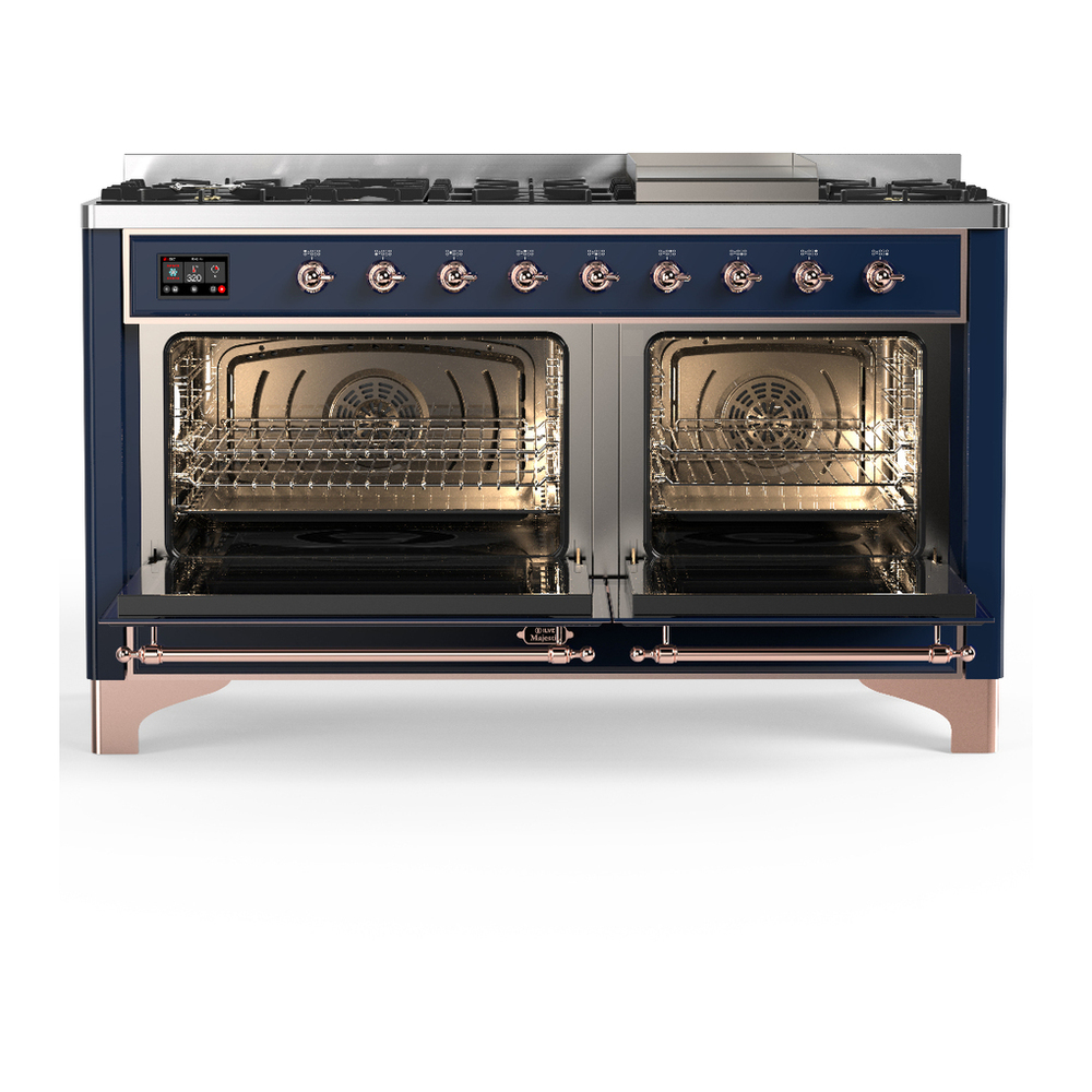 ILVE UM60FQNR3MBP Majestic III 60 inch Dual Fuel Range with 9 Burners and Griddle, Dual Function Burner up to 25,000 BTU (Natural Gas, Solid Door, Midnight Blue, Copper) 2 ILVE-UM60FQNR3MBP-Double Oven Open View