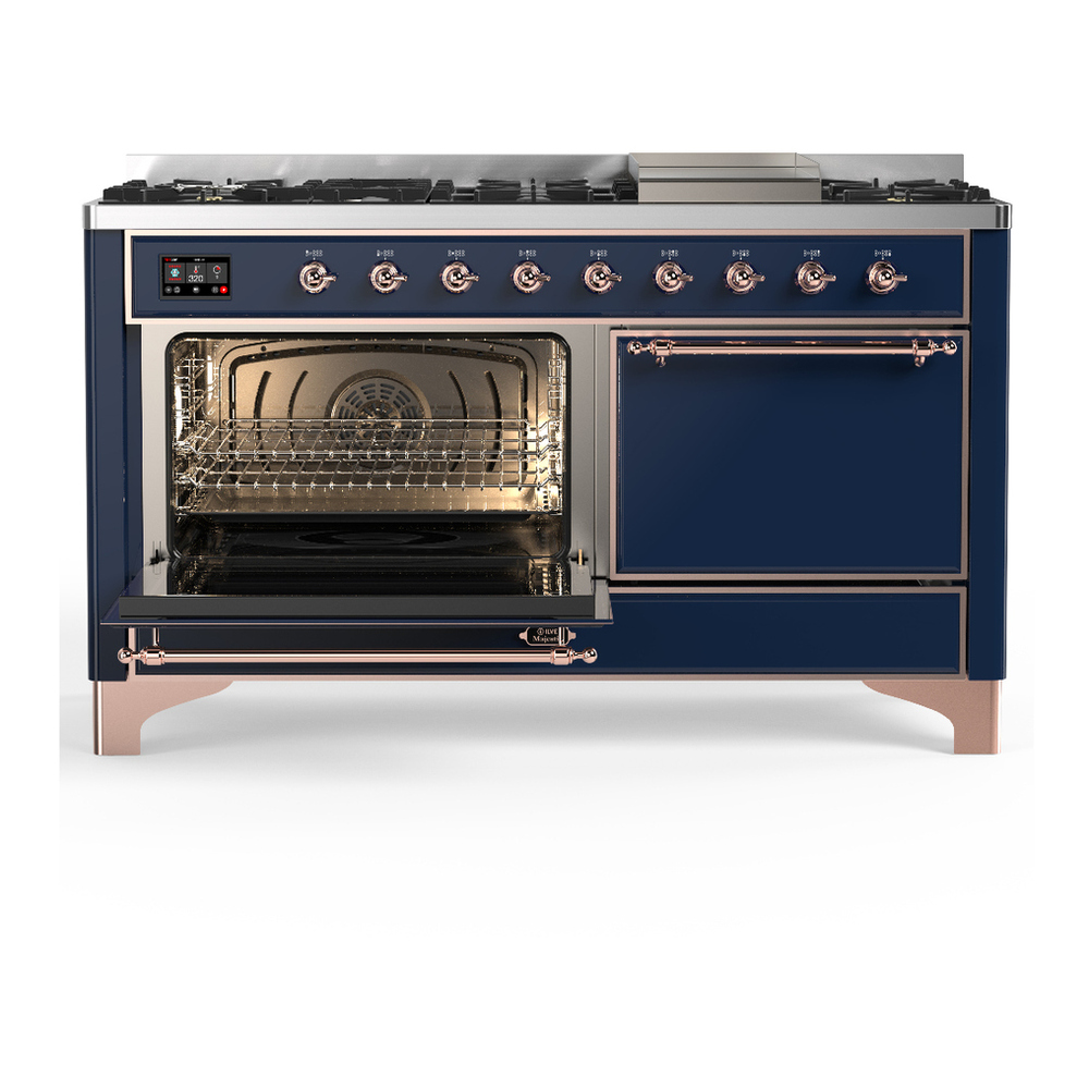 ILVE UM60FQNR3MBP Majestic III 60 inch Dual Fuel Range with 9 Burners and Griddle, Dual Function Burner up to 25,000 BTU (Natural Gas, Solid Door, Midnight Blue, Copper) 3 ILVE-UM60FQNR3MBP-Primary Oven Open View