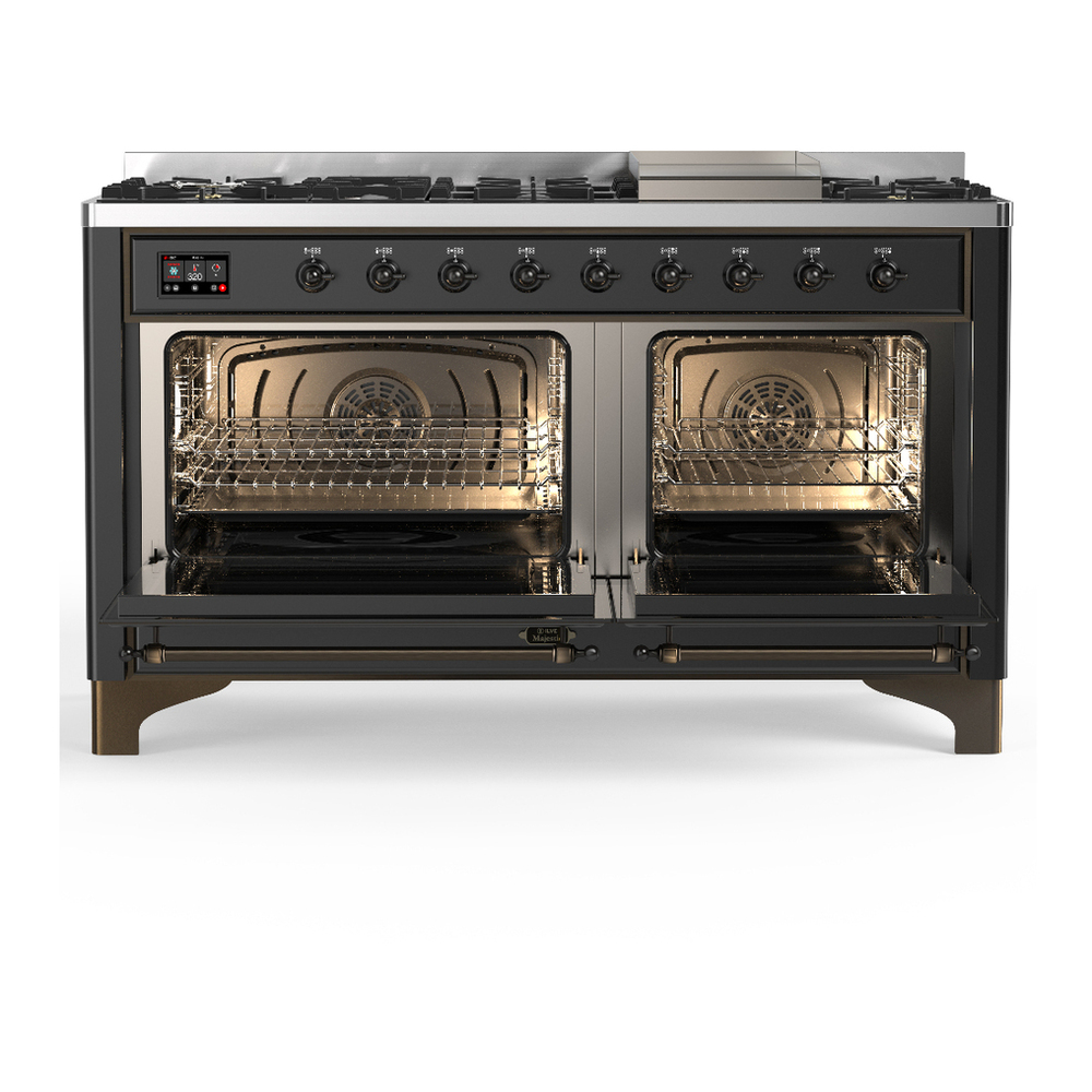 ILVE UM60FQNR3MGBLP Majestic III 60 inch Dual Fuel Range with 9 Burners and Griddle, Dual Function Burner up to 25,000 BTU (Liquid Propane, Solid Door, Graphite Matte, Burnished) 2 ILVE-UM60FQNR3MGBLP-Double Oven Open View