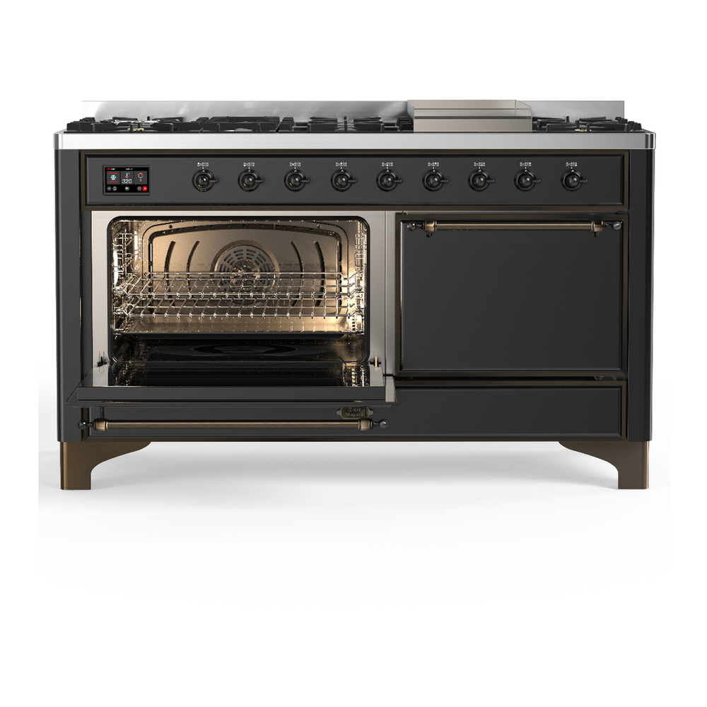 ILVE UM60FQNR3MGBLP Majestic III 60 inch Dual Fuel Range with 9 Burners and Griddle, Dual Function Burner up to 25,000 BTU (Liquid Propane, Solid Door, Graphite Matte, Burnished) 3 ILVE-UM60FQNR3MGBLP-Primary Oven Open View