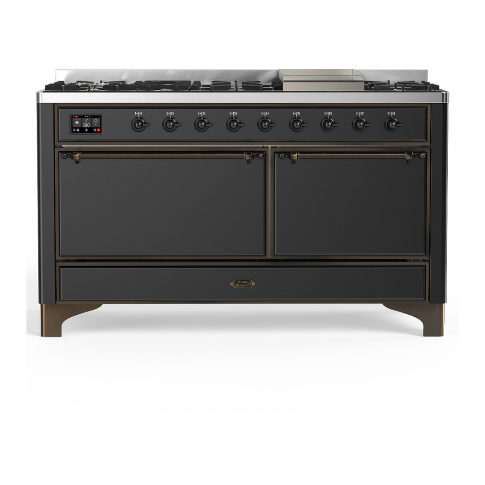 ILVE UM60FQNR3MGB Majestic III 60 inch Dual Fuel Range with 9 Burners and Griddle, Dual Function Burner up to 25,000 BTU (Natural Gas, Solid Door, Graphite Matte, Burnished) 1 UM60FQNR3MGB