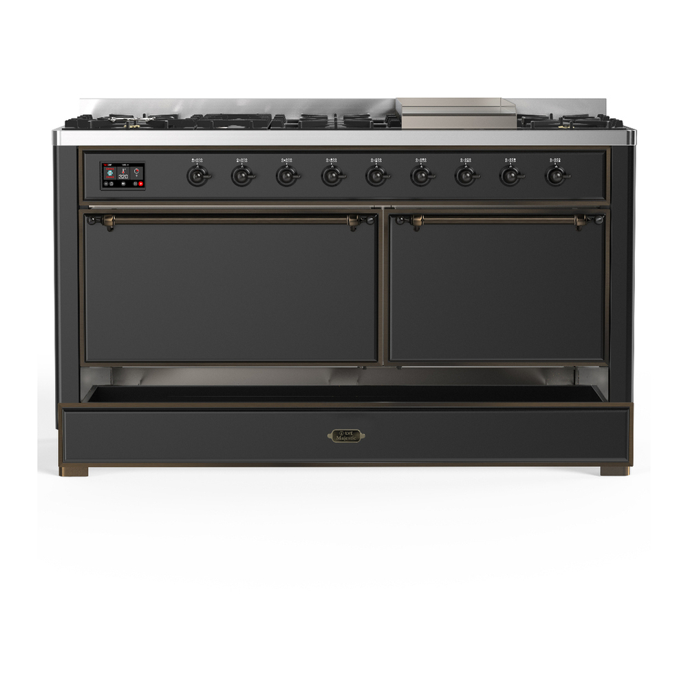 ILVE UM60FQNR3MGB Majestic III 60 inch Dual Fuel Range with 9 Burners and Griddle, Dual Function Burner up to 25,000 BTU (Natural Gas, Solid Door, Graphite Matte, Burnished) 5 ILVE-UM60FQNR3MGB-Drawer Open View