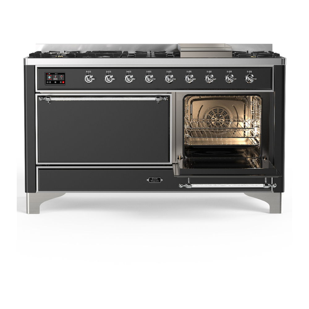 ILVE UM60FQNR3MGCLP Majestic III 60 inch Dual Fuel Range with 9 Burners and Griddle, Dual Function Burner up to 25,000 BTU (Liquid Propane, Solid Door, Graphite Matte, Chrome) 4 ILVE-UM60FQNR3MGCLP-Secondary Oven Open View