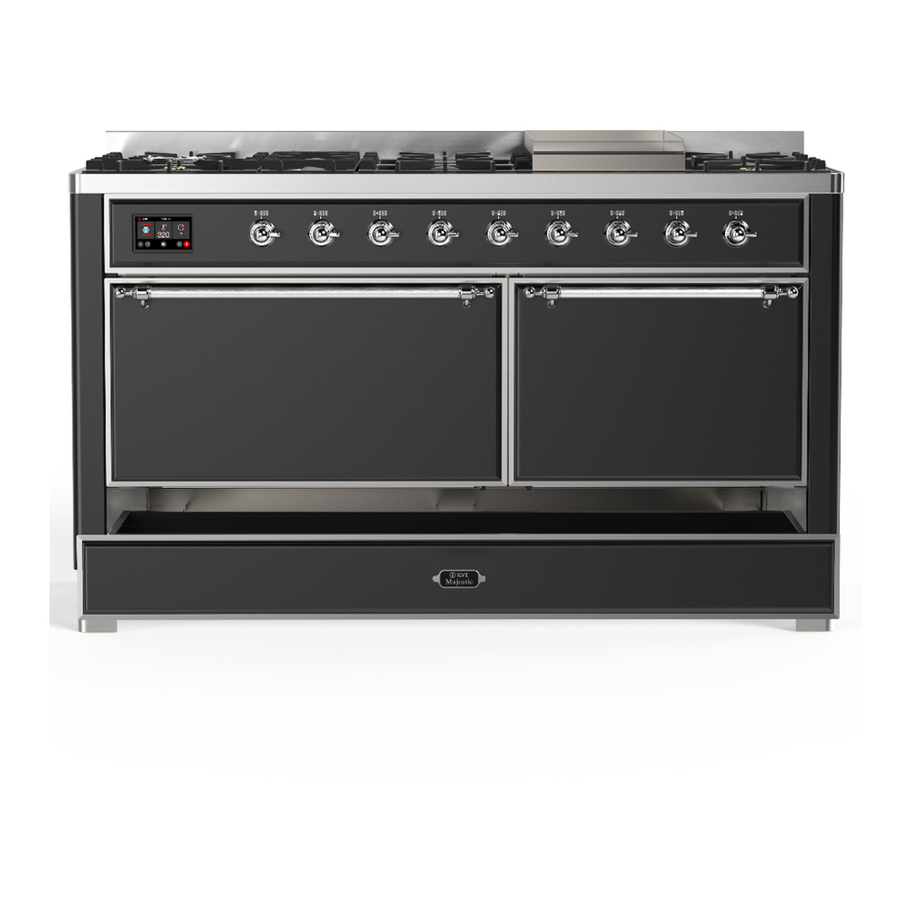 ILVE UM60FQNR3MGCLP Majestic III 60 inch Dual Fuel Range with 9 Burners and Griddle, Dual Function Burner up to 25,000 BTU (Liquid Propane, Solid Door, Graphite Matte, Chrome) 5 ILVE-UM60FQNR3MGCLP-Drawer Open View