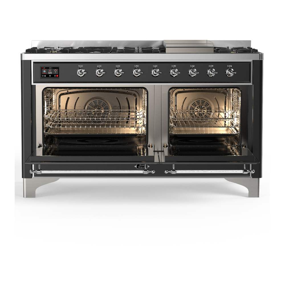 ILVE UM60FQNR3MGC Majestic III 60 inch Dual Fuel Range with 9 Burners and Griddle, Dual Function Burner up to 25,000 BTU (Natural Gas, Solid Door, Graphite Matte, Chrome) 2 ILVE-UM60FQNR3MGC-Double Oven Open View