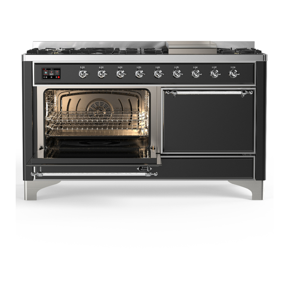 ILVE UM60FQNR3MGC Majestic III 60 inch Dual Fuel Range with 9 Burners and Griddle, Dual Function Burner up to 25,000 BTU (Natural Gas, Solid Door, Graphite Matte, Chrome) 3 ILVE-UM60FQNR3MGC-Primary Oven Open View