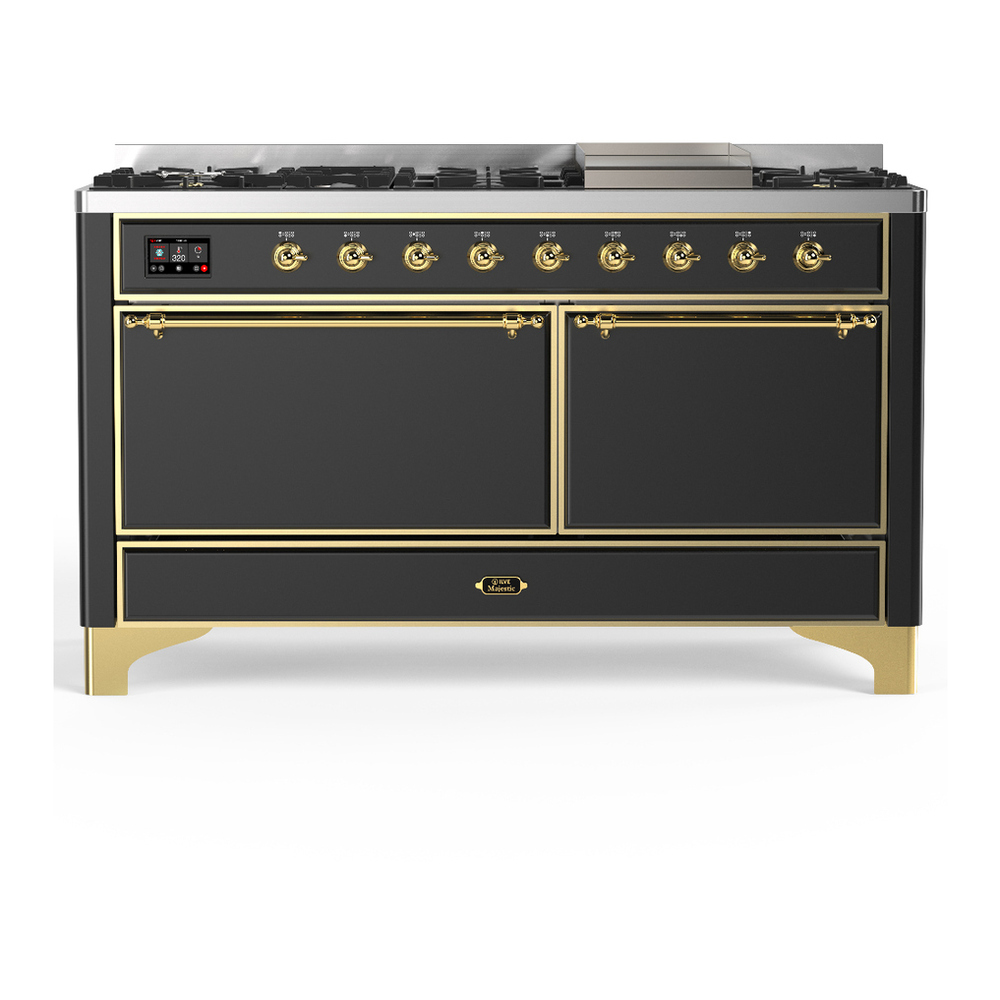 ILVE UM60FQNR3MGG Majestic III 60 inch Dual Fuel Range with 9 Burners and Griddle, Dual Function Burner up to 25,000 BTU (Natural Gas, Solid Door, Graphite Matte, Brass) 1 UM60FQNR3MGG