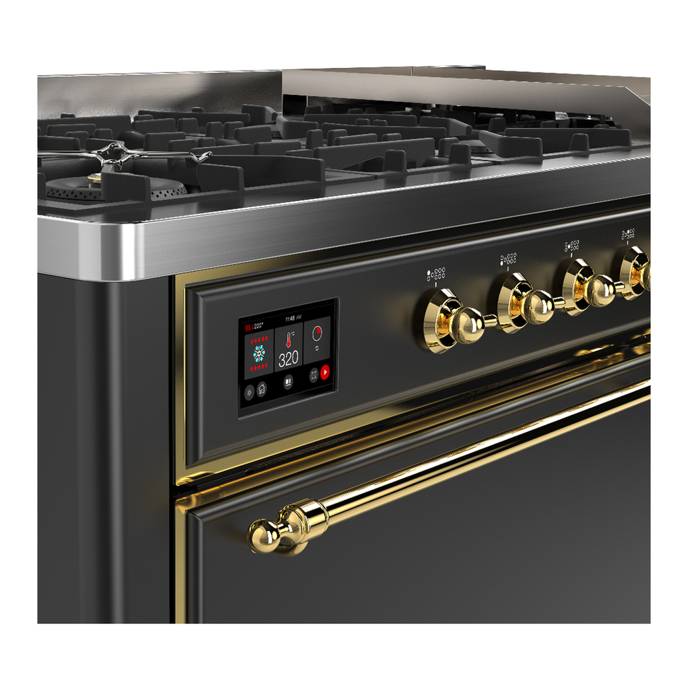 ILVE UM60FQNR3MGG Majestic III 60 inch Dual Fuel Range with 9 Burners and Griddle, Dual Function Burner up to 25,000 BTU (Natural Gas, Solid Door, Graphite Matte, Brass) 7 ILVE-UM60FQNR3MGG-Control Knobs View