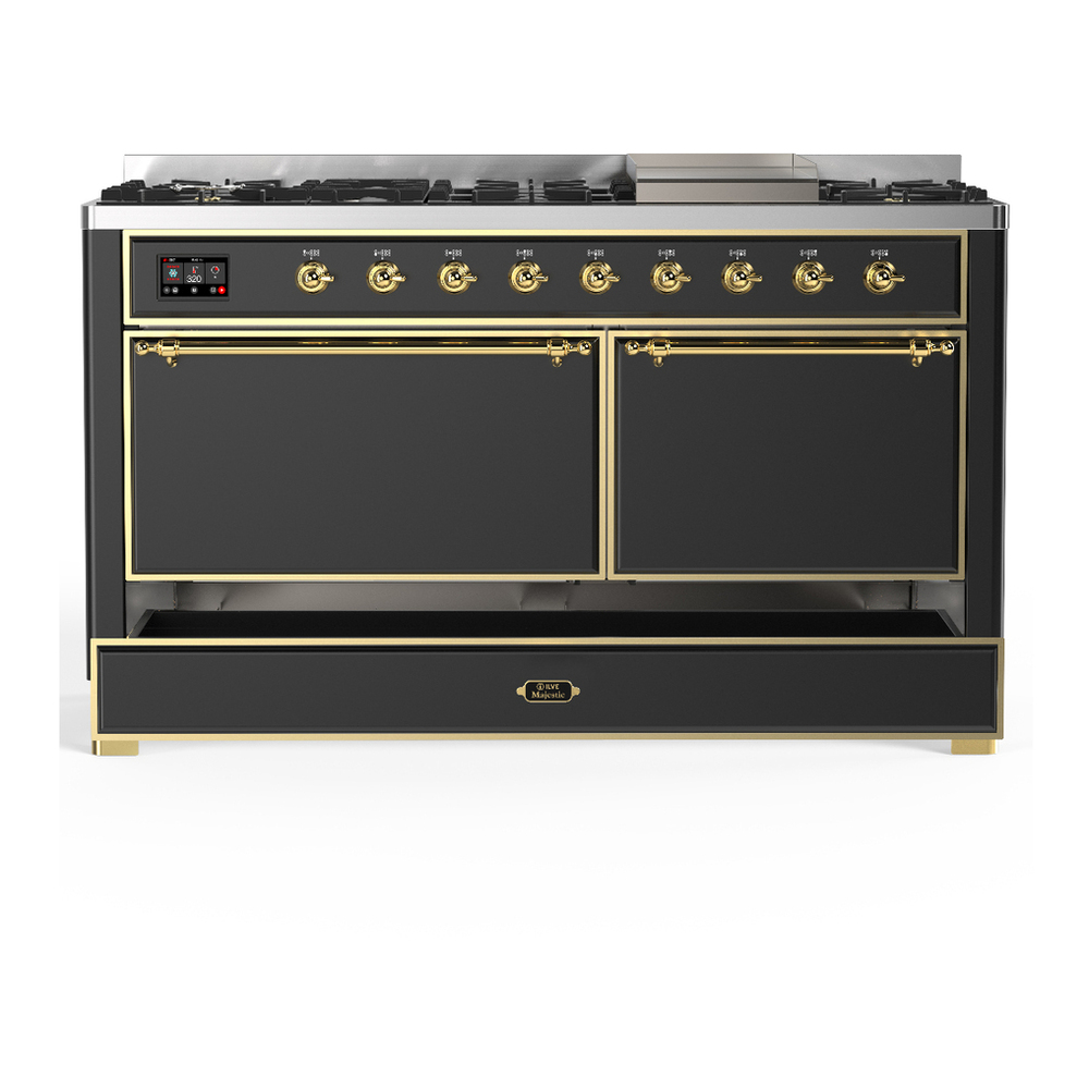 ILVE UM60FQNR3MGG Majestic III 60 inch Dual Fuel Range with 9 Burners and Griddle, Dual Function Burner up to 25,000 BTU (Natural Gas, Solid Door, Graphite Matte, Brass) 5 ILVE-UM60FQNR3MGG-Drawer Open View
