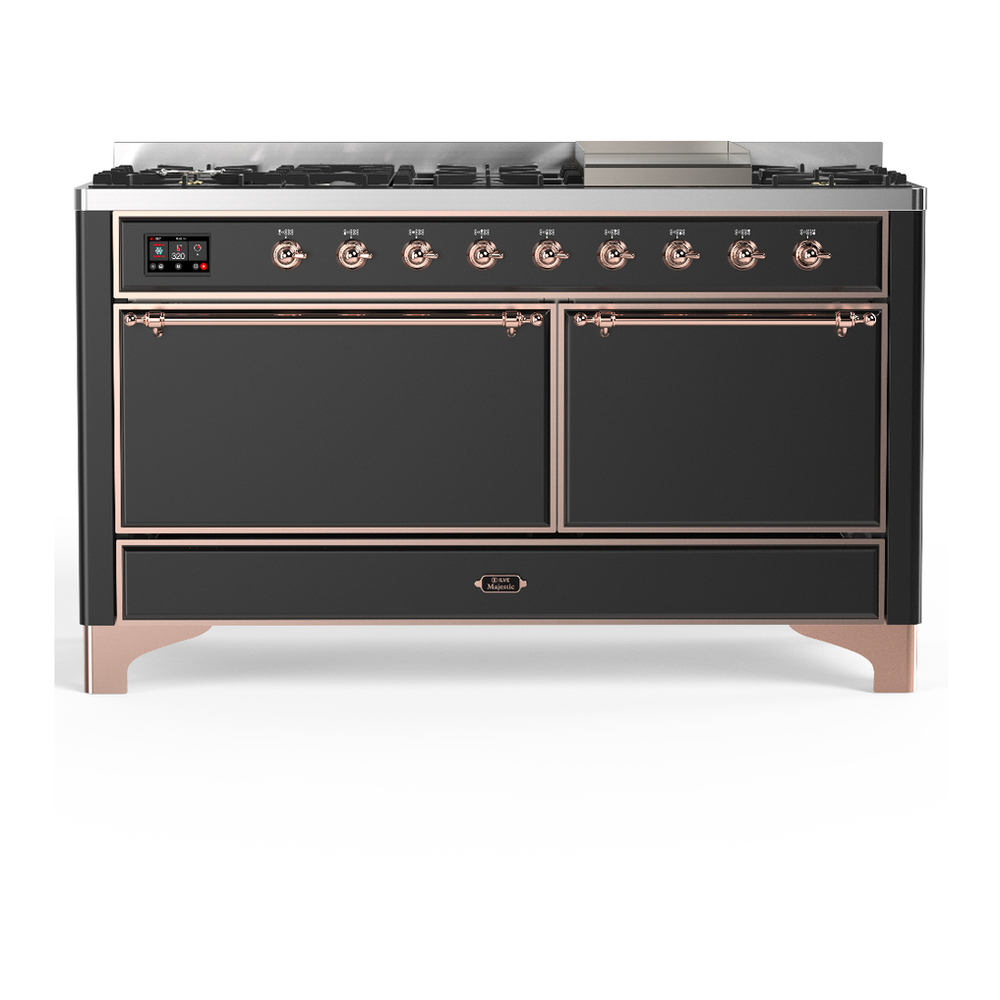 ILVE UM60FQNR3MGPLP Majestic III 60 inch Dual Fuel Range with 9 Burners and Griddle, Dual Function Burner up to 25,000 BTU (Liquid Propane, Solid Door, Graphite Matte, Copper) 1 UM60FQNR3MGPLP
