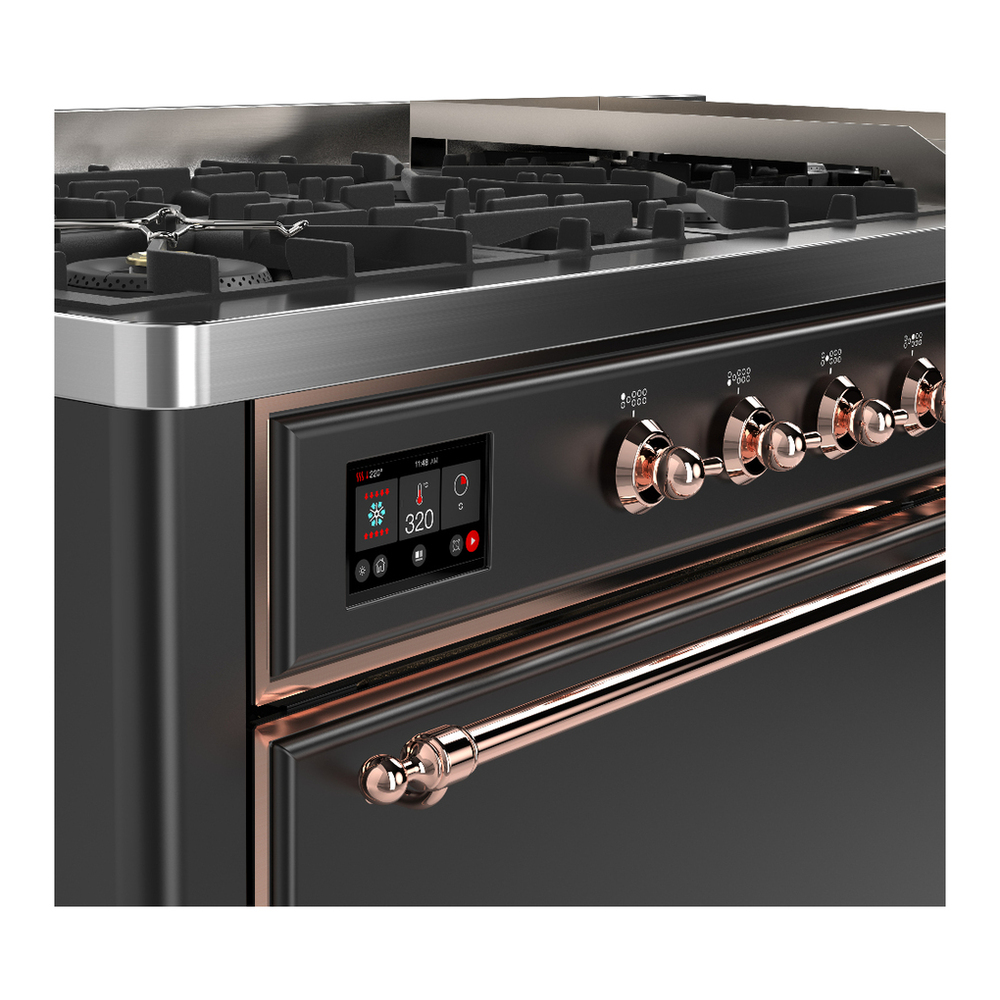 ILVE UM60FQNR3MGPLP Majestic III 60 inch Dual Fuel Range with 9 Burners and Griddle, Dual Function Burner up to 25,000 BTU (Liquid Propane, Solid Door, Graphite Matte, Copper) 7 ILVE-UM60FQNR3MGPLP-Control Knobs View