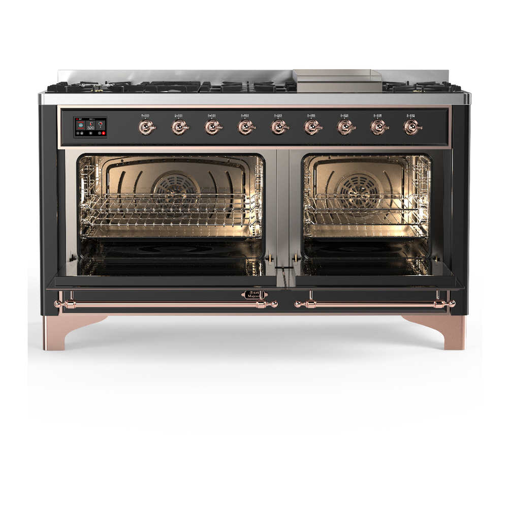 ILVE UM60FQNR3MGPLP Majestic III 60 inch Dual Fuel Range with 9 Burners and Griddle, Dual Function Burner up to 25,000 BTU (Liquid Propane, Solid Door, Graphite Matte, Copper) 2 ILVE-UM60FQNR3MGPLP-Double Oven Open View