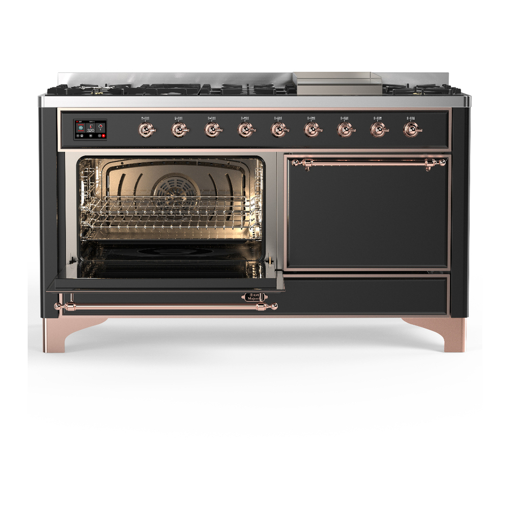 ILVE UM60FQNR3MGPLP Majestic III 60 inch Dual Fuel Range with 9 Burners and Griddle, Dual Function Burner up to 25,000 BTU (Liquid Propane, Solid Door, Graphite Matte, Copper) 3 ILVE-UM60FQNR3MGPLP-Primary Oven Open View