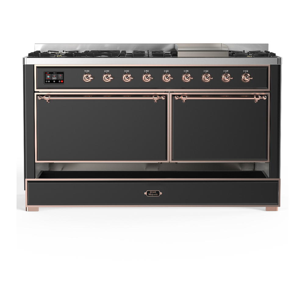 ILVE UM60FQNR3MGPLP Majestic III 60 inch Dual Fuel Range with 9 Burners and Griddle, Dual Function Burner up to 25,000 BTU (Liquid Propane, Solid Door, Graphite Matte, Copper) 5 ILVE-UM60FQNR3MGPLP-Drawer Open View