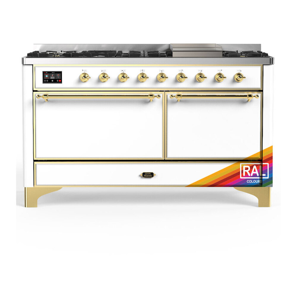 ILVE UM60FQNR3RAG Majestic III 60 inch Dual Fuel Range with 9 Burners and Griddle, Dual Function Burner up to 25,000 BTU (Natural Gas, Solid Door, RAL, Brass) 1 UM60FQNR3RAG