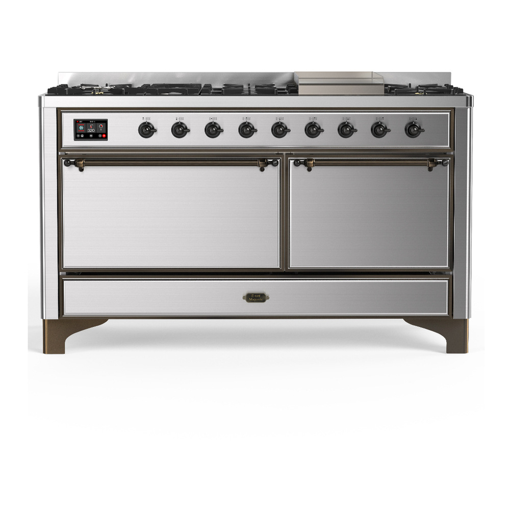 ILVE UM60FQNR3SSBLP Majestic III 60 inch Dual Fuel Range with 9 Burners and Griddle, Dual Function Burner up to 25,000 BTU (Liquid Propane, Solid Door, Stainless Steel, Burnished) 1 UM60FQNR3SSBLP