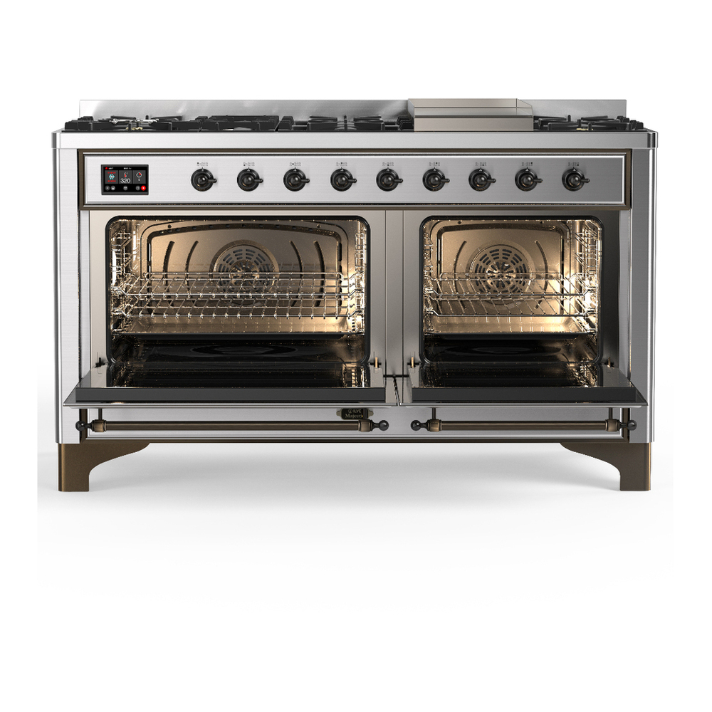 ILVE UM60FQNR3SSBLP Majestic III 60 inch Dual Fuel Range with 9 Burners and Griddle, Dual Function Burner up to 25,000 BTU (Liquid Propane, Solid Door, Stainless Steel, Burnished) 2 ILVE-UM60FQNR3SSBLP-Double Oven Open View