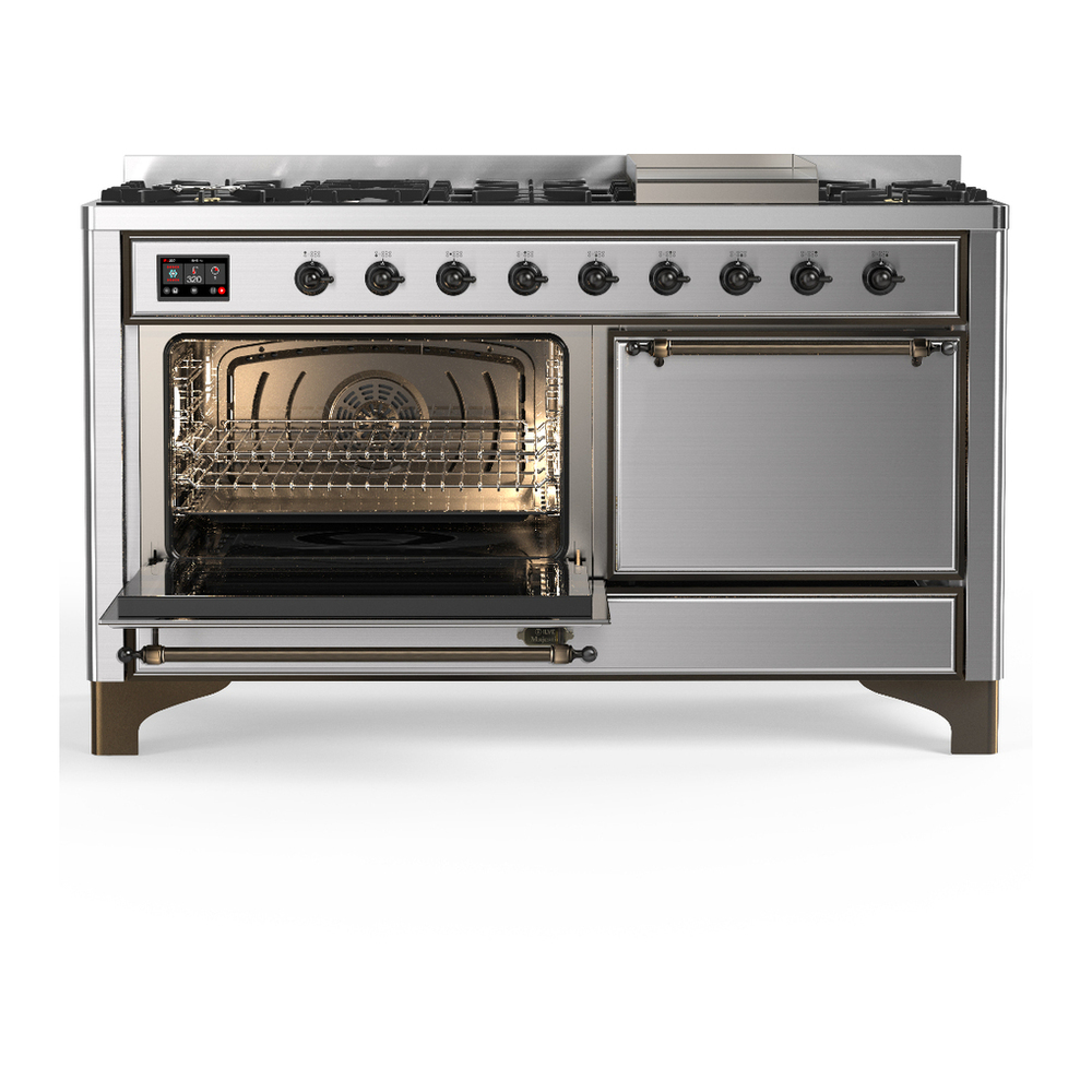 ILVE UM60FQNR3SSB Majestic III 60 inch Dual Fuel Range with 9 Burners and Griddle, Dual Function Burner up to 25,000 BTU (Natural Gas, Solid Door, Stainless Steel, Burnished) 3 ILVE-UM60FQNR3SSB-Primary Oven Open View