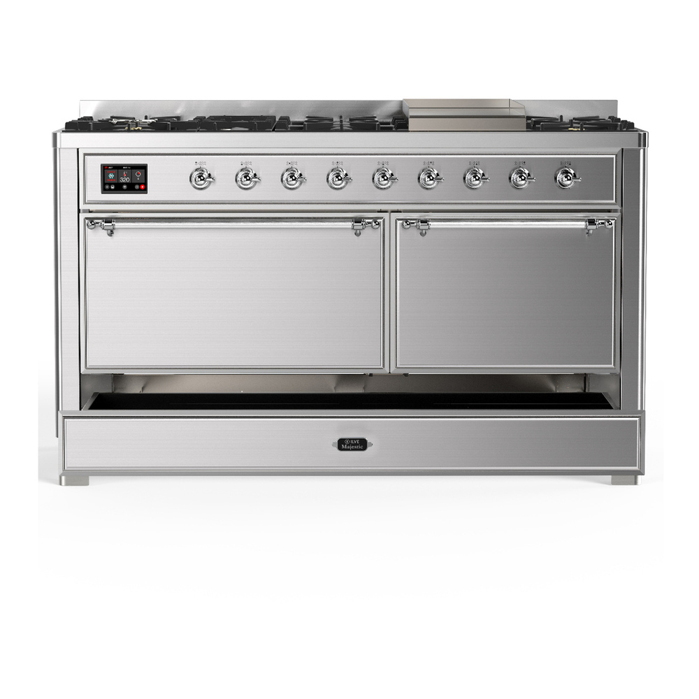 ILVE UM60FQNR3SSCLP Majestic III 60 inch Dual Fuel Range with 9 Burners and Griddle, Dual Function Burner up to 25,000 BTU (Liquid Propane, Solid Door, Stainless Steel, Chrome) 5 ILVE-UM60FQNR3SSCLP-Drawer Open View