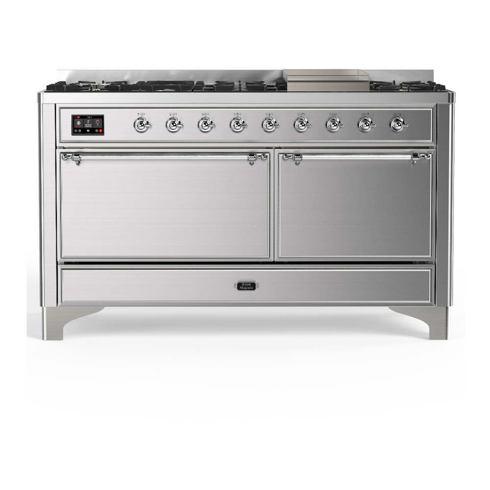 ILVE UM60FQNR3SSC Majestic III 60 inch Dual Fuel Range with 9 Burners and Griddle, Dual Function Burner up to 25,000 BTU (Natural Gas, Solid Door, Stainless Steel, Chrome) 1 UM60FQNR3SSC