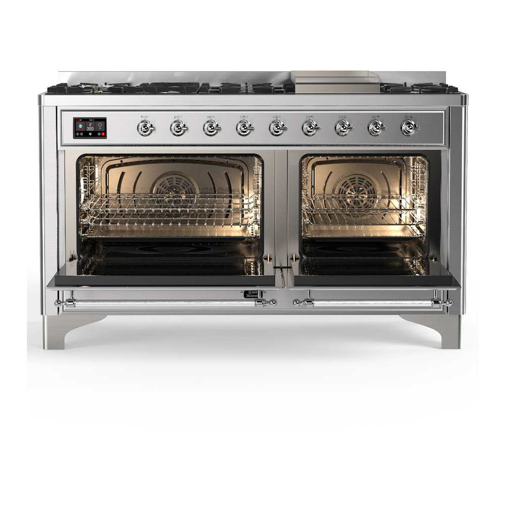 ILVE UM60FQNR3SSC Majestic III 60 inch Dual Fuel Range with 9 Burners and Griddle, Dual Function Burner up to 25,000 BTU (Natural Gas, Solid Door, Stainless Steel, Chrome) 2 ILVE-UM60FQNR3SSC-Double Oven Open View