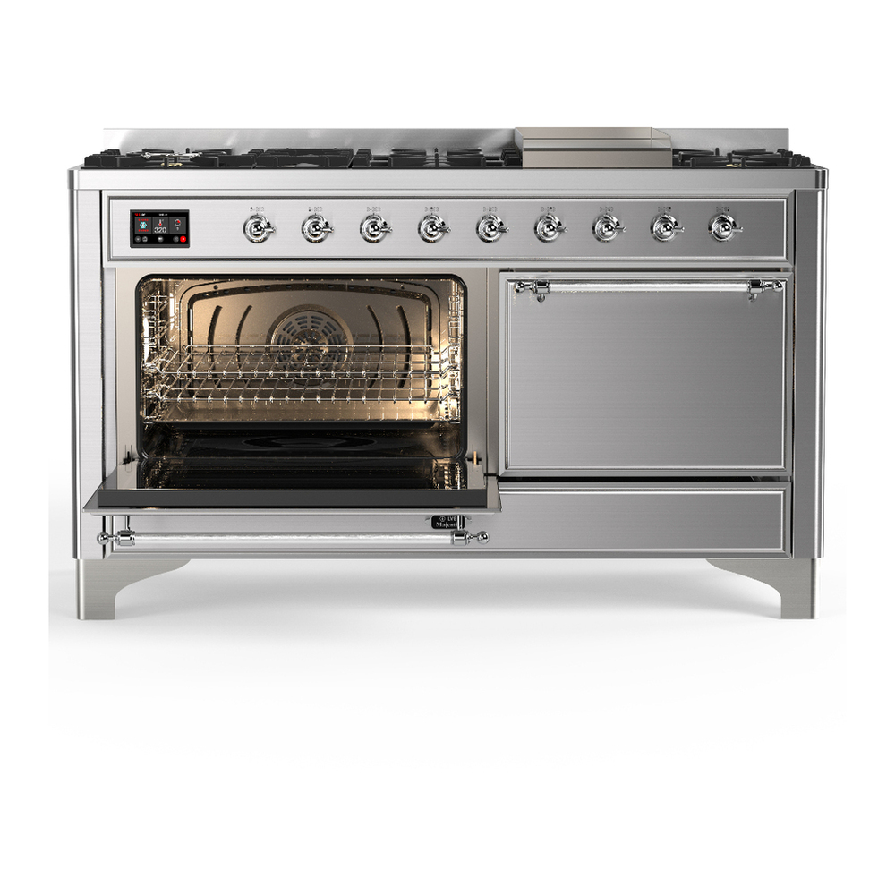 ILVE UM60FQNR3SSC Majestic III 60 inch Dual Fuel Range with 9 Burners and Griddle, Dual Function Burner up to 25,000 BTU (Natural Gas, Solid Door, Stainless Steel, Chrome) 3 ILVE-UM60FQNR3SSC-Primary Oven Open View
