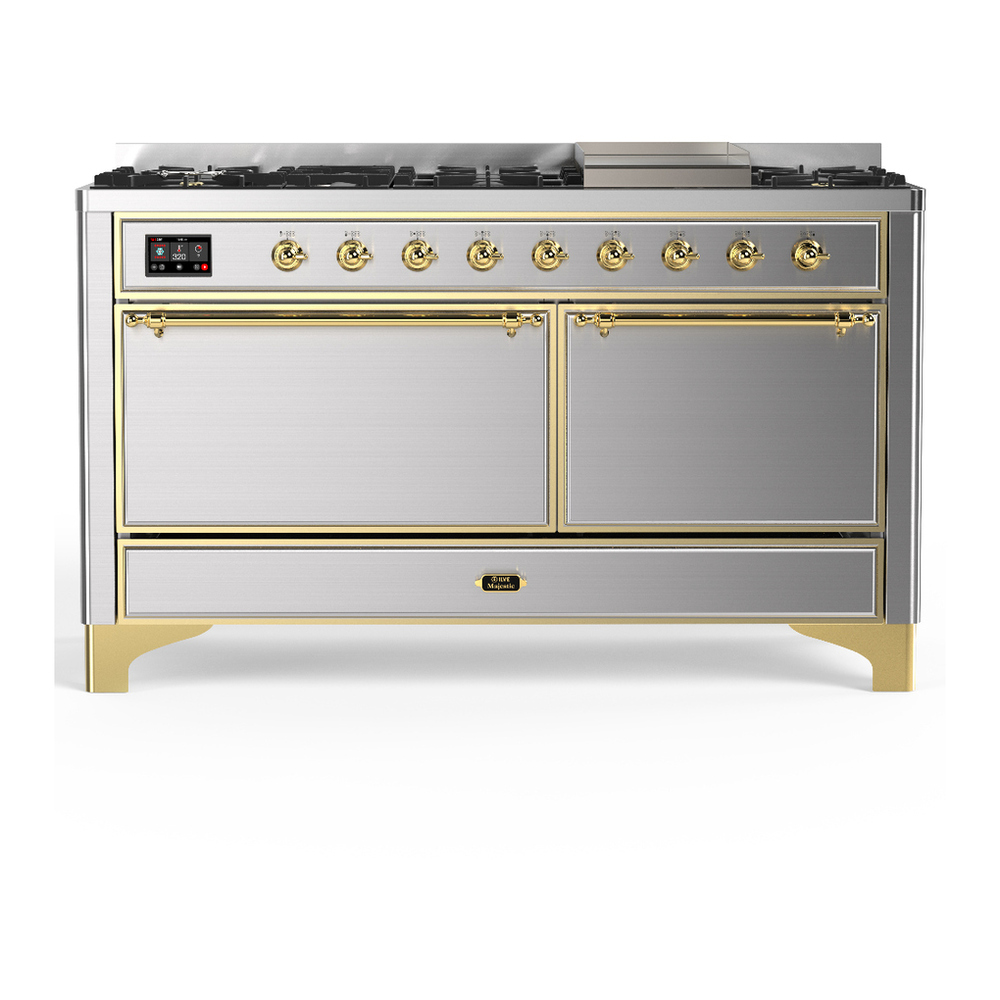 ILVE UM60FQNR3SSG Majestic III 60 inch Dual Fuel Range with 9 Burners and Griddle, Dual Function Burner up to 25,000 BTU (Natural Gas, Solid Door, Stainless Steel, Brass) 1 UM60FQNR3SSG