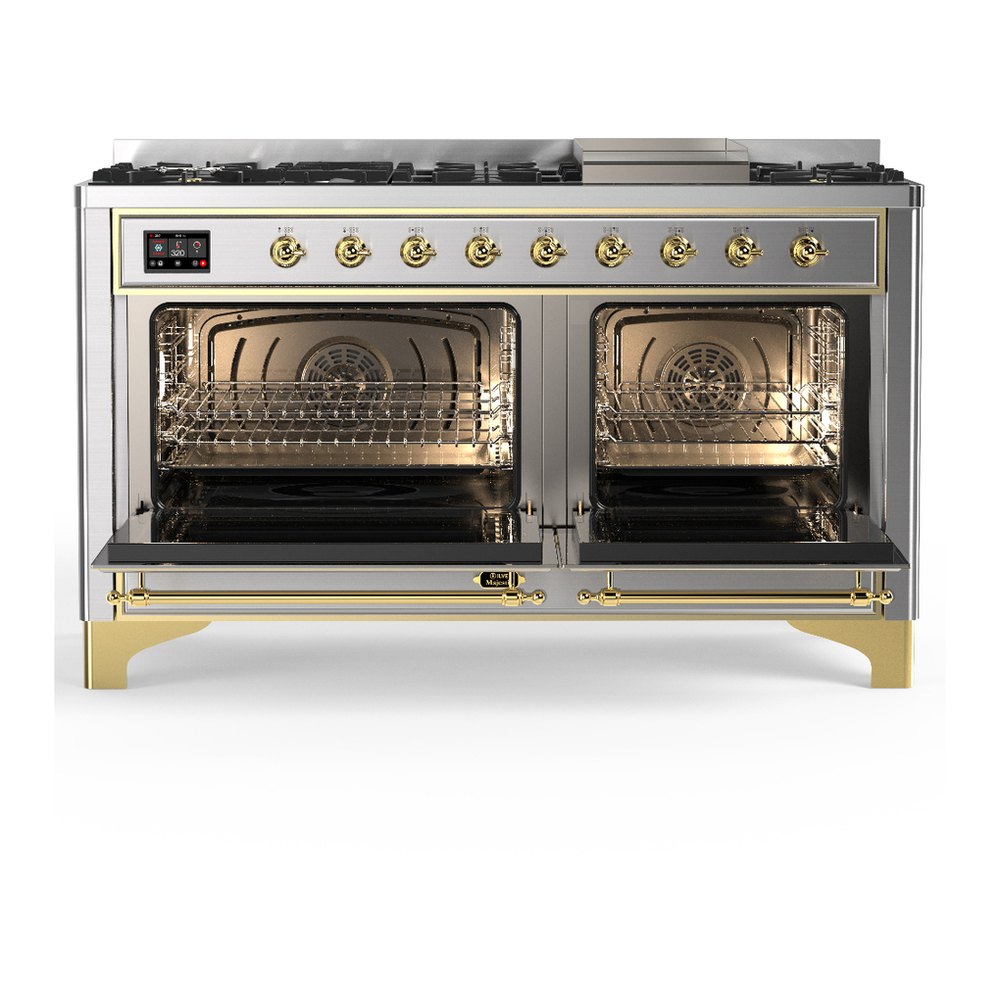 ILVE UM60FQNR3SSG Majestic III 60 inch Dual Fuel Range with 9 Burners and Griddle, Dual Function Burner up to 25,000 BTU (Natural Gas, Solid Door, Stainless Steel, Brass) 2 ILVE-UM60FQNR3SSG-Double Oven Open View