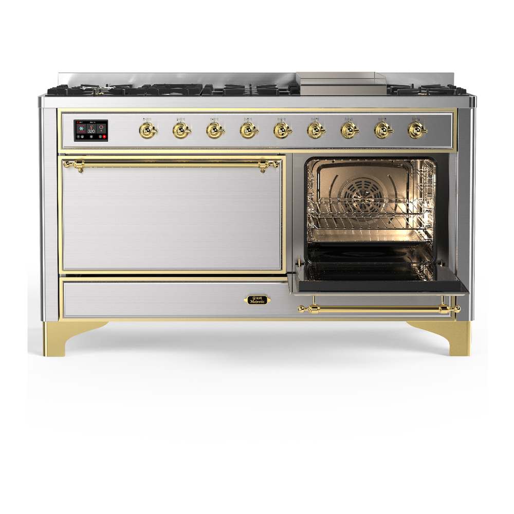 ILVE UM60FQNR3SSG Majestic III 60 inch Dual Fuel Range with 9 Burners and Griddle, Dual Function Burner up to 25,000 BTU (Natural Gas, Solid Door, Stainless Steel, Brass) 4 ILVE-UM60FQNR3SSG-Secondary Oven Open View