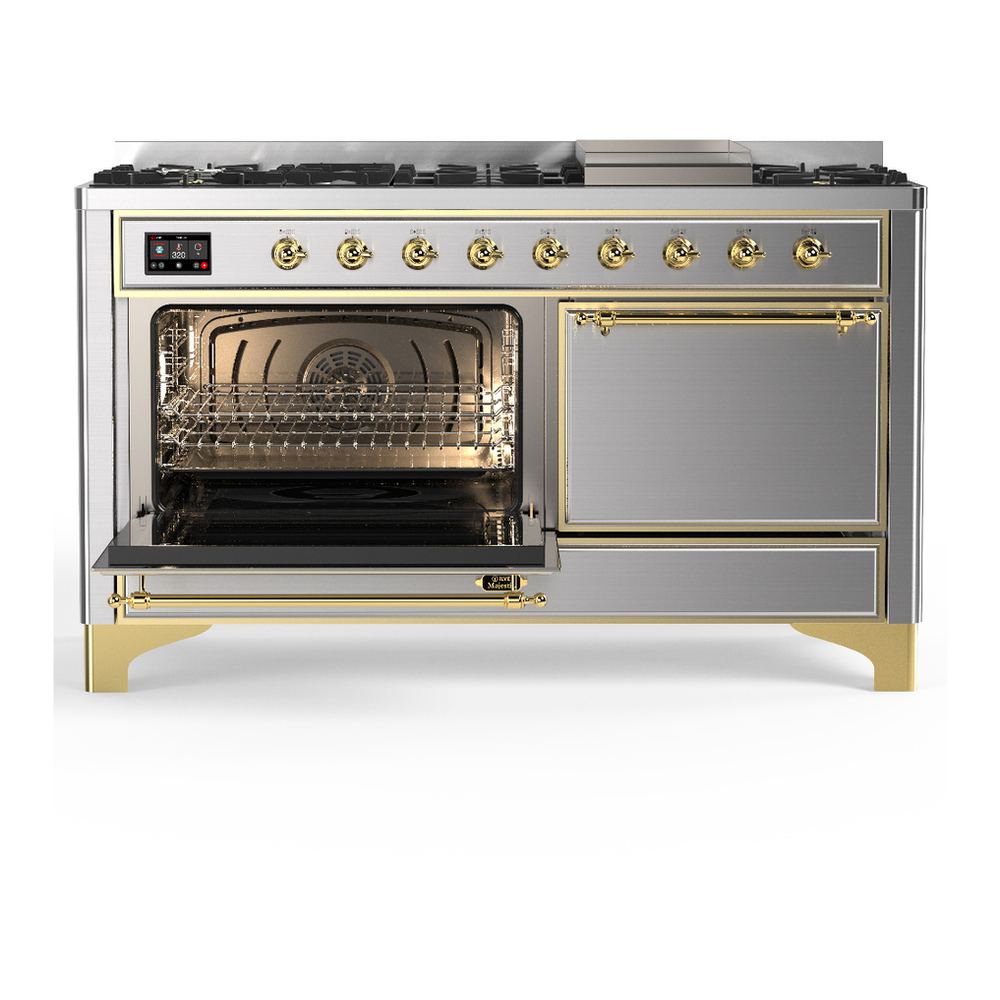ILVE UM60FQNR3SSG Majestic III 60 inch Dual Fuel Range with 9 Burners and Griddle, Dual Function Burner up to 25,000 BTU (Natural Gas, Solid Door, Stainless Steel, Brass) 3 ILVE-UM60FQNR3SSG-Primary Oven Open View