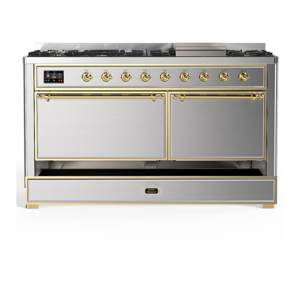 ILVE UM60FQNR3SSG Majestic III 60 inch Dual Fuel Range with 9 Burners and Griddle, Dual Function Burner up to 25,000 BTU (Natural Gas, Solid Door, Stainless Steel, Brass) 5 ILVE-UM60FQNR3SSG-Drawer Open View