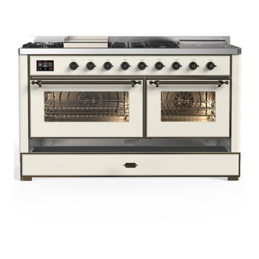 ILVE UM60FSNR3AWBLP Majestic III 60 inch Dual Fuel Range with 7 Burners, Griddle and French Top, Dual Function Burner with up to 25,000 BTU (Liquid Propane, Triple Glass Door, Antique White, Burnished) 5 ILVE-UM60FSNR3AWBLP-Drawer Open View