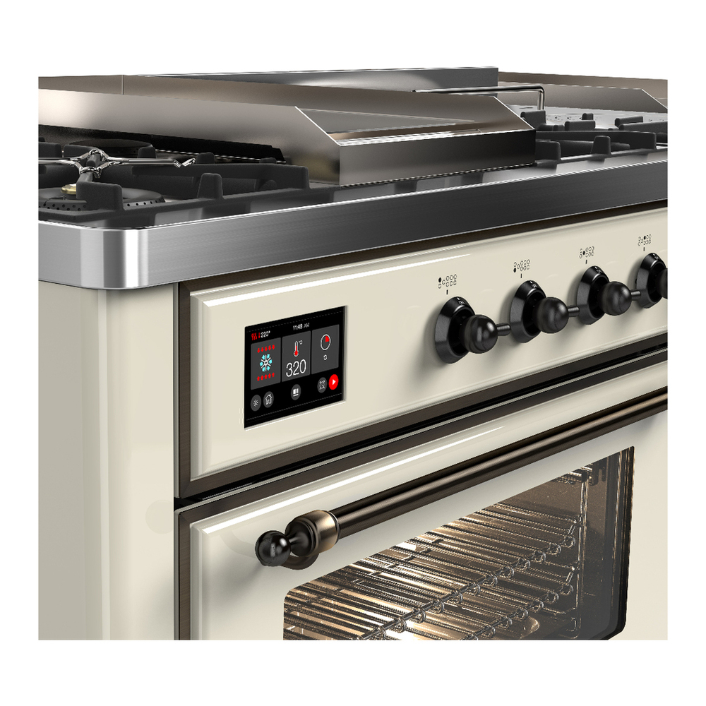 ILVE UM60FSNR3AWBLP Majestic III 60 inch Dual Fuel Range with 7 Burners, Griddle and French Top, Dual Function Burner with up to 25,000 BTU (Liquid Propane, Triple Glass Door, Antique White, Burnished) 7 ILVE-UM60FSNR3AWBLP-Control Knobs View