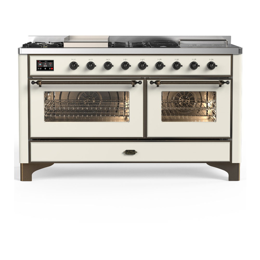 ILVE UM60FSNR3AWB Majestic III 60 inch Dual Fuel Range with 7 Burners, Griddle and French Top, Dual Function Burner with up to 25,000 BTU (Natural Gas, Triple Glass Door, Antique White, Burnished) 1 UM60FSNR3AWB