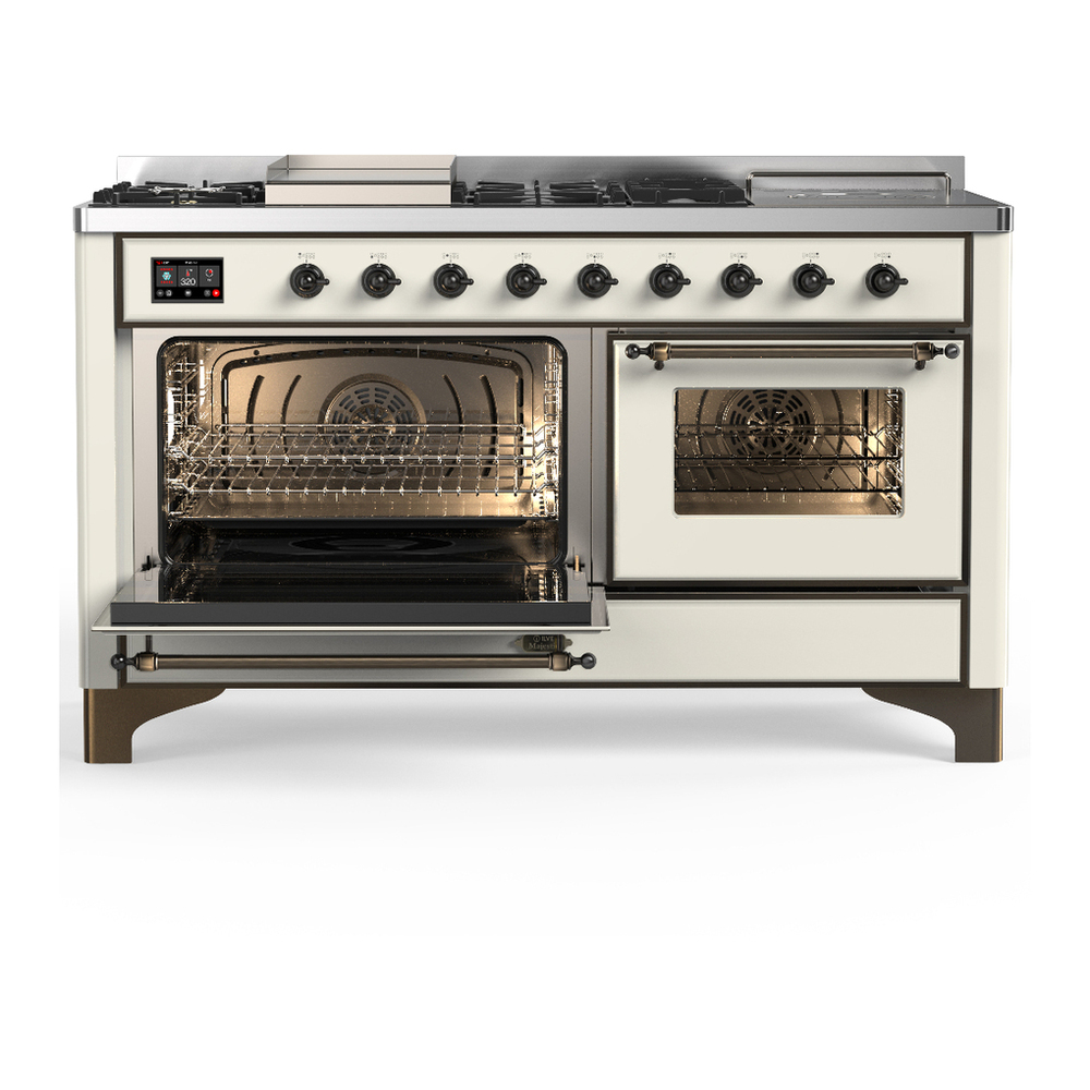 ILVE UM60FSNR3AWB Majestic III 60 inch Dual Fuel Range with 7 Burners, Griddle and French Top, Dual Function Burner with up to 25,000 BTU (Natural Gas, Triple Glass Door, Antique White, Burnished) 3 ILVE-UM60FSNR3AWB-Primary Oven Open View