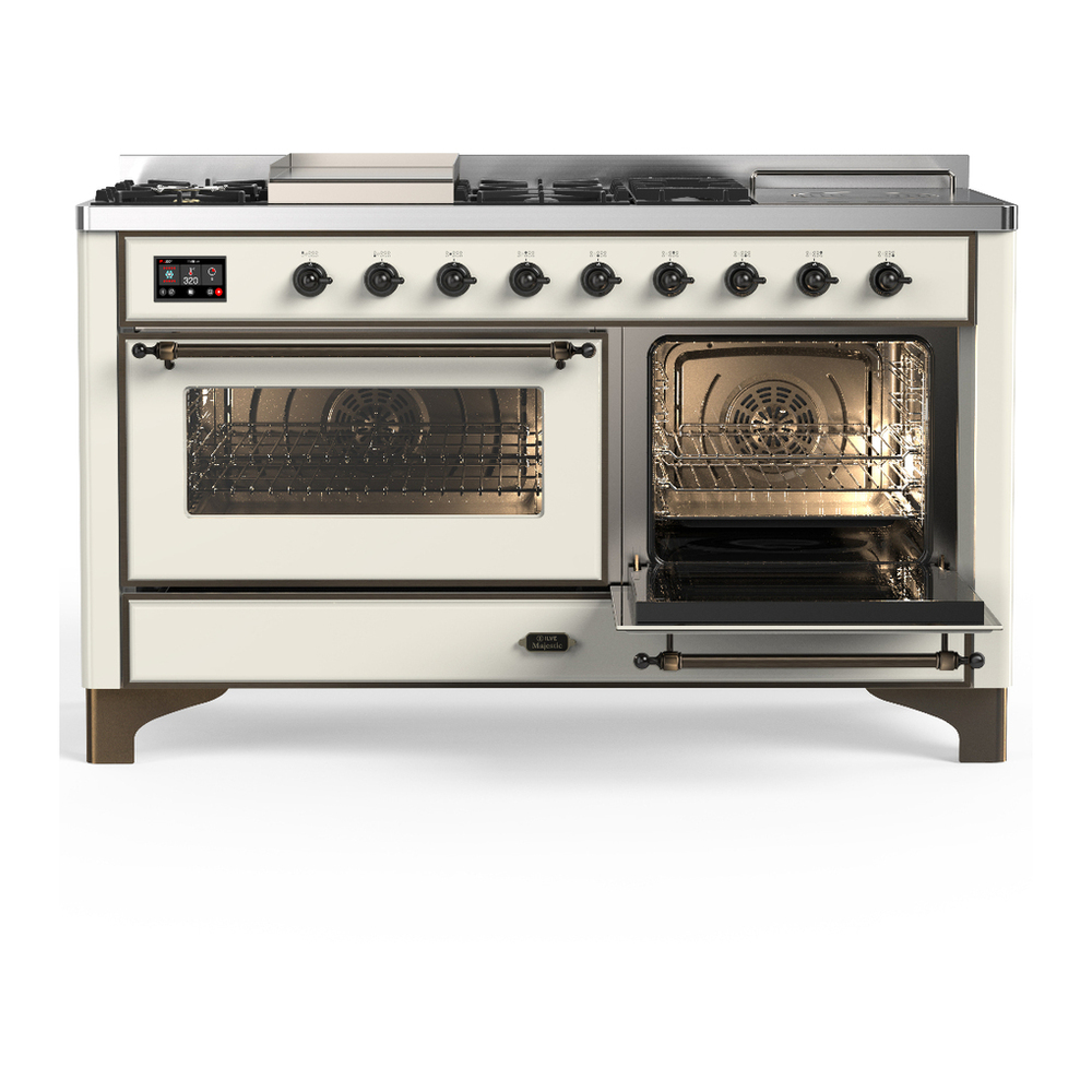 ILVE UM60FSNR3AWB Majestic III 60 inch Dual Fuel Range with 7 Burners, Griddle and French Top, Dual Function Burner with up to 25,000 BTU (Natural Gas, Triple Glass Door, Antique White, Burnished) 4 ILVE-UM60FSNR3AWB-Secondary Oven Open View