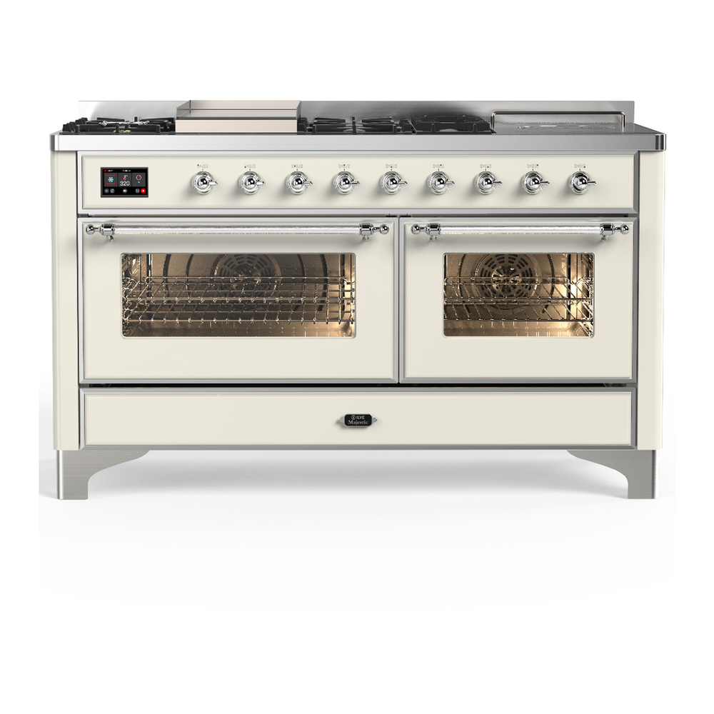 ILVE UM60FSNR3AWCLP Majestic III 60 inch Dual Fuel Range with 7 Burners, Griddle and French Top, Dual Function Burner with up to 25,000 BTU (Liquid Propane, Triple Glass Door, Antique White, Chrome) 1 UM60FSNR3AWCLP