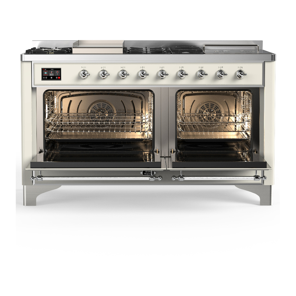 ILVE UM60FSNR3AWCLP Majestic III 60 inch Dual Fuel Range with 7 Burners, Griddle and French Top, Dual Function Burner with up to 25,000 BTU (Liquid Propane, Triple Glass Door, Antique White, Chrome) 2 ILVE-UM60FSNR3AWCLP-Double Oven Open View