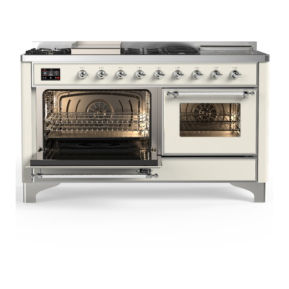 ILVE UM60FSNR3AWCLP Majestic III 60 inch Dual Fuel Range with 7 Burners, Griddle and French Top, Dual Function Burner with up to 25,000 BTU (Liquid Propane, Triple Glass Door, Antique White, Chrome) 3 ILVE-UM60FSNR3AWCLP-Primary Oven Open View