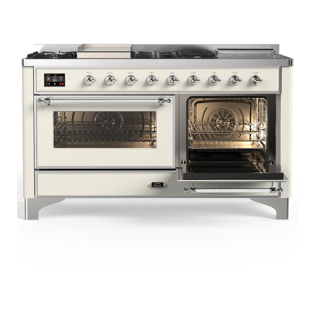 ILVE UM60FSNR3AWCLP Majestic III 60 inch Dual Fuel Range with 7 Burners, Griddle and French Top, Dual Function Burner with up to 25,000 BTU (Liquid Propane, Triple Glass Door, Antique White, Chrome) 4 ILVE-UM60FSNR3AWCLP-Secondary Oven Open View