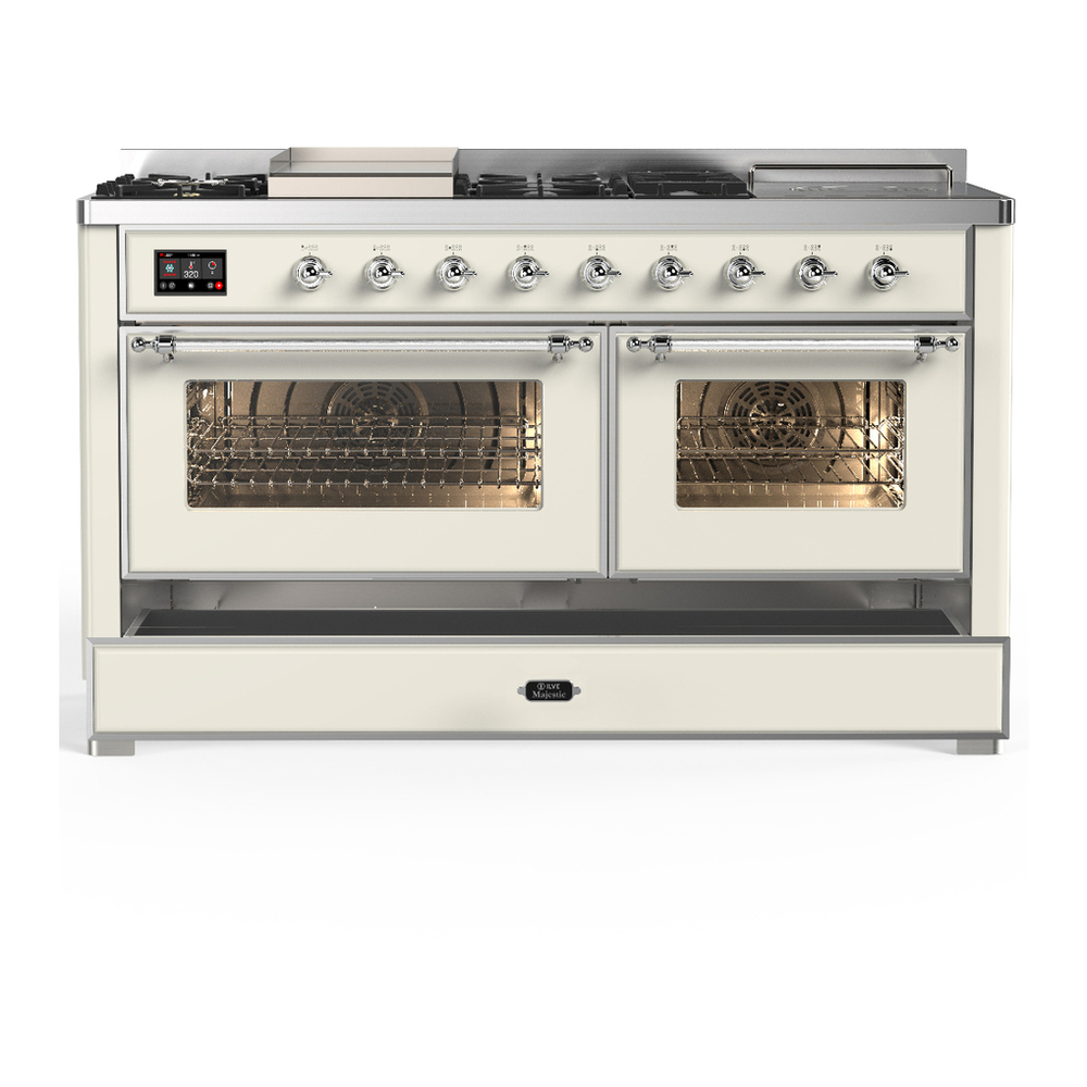 ILVE UM60FSNR3AWCLP Majestic III 60 inch Dual Fuel Range with 7 Burners, Griddle and French Top, Dual Function Burner with up to 25,000 BTU (Liquid Propane, Triple Glass Door, Antique White, Chrome) 5 ILVE-UM60FSNR3AWCLP-Drawer Open View
