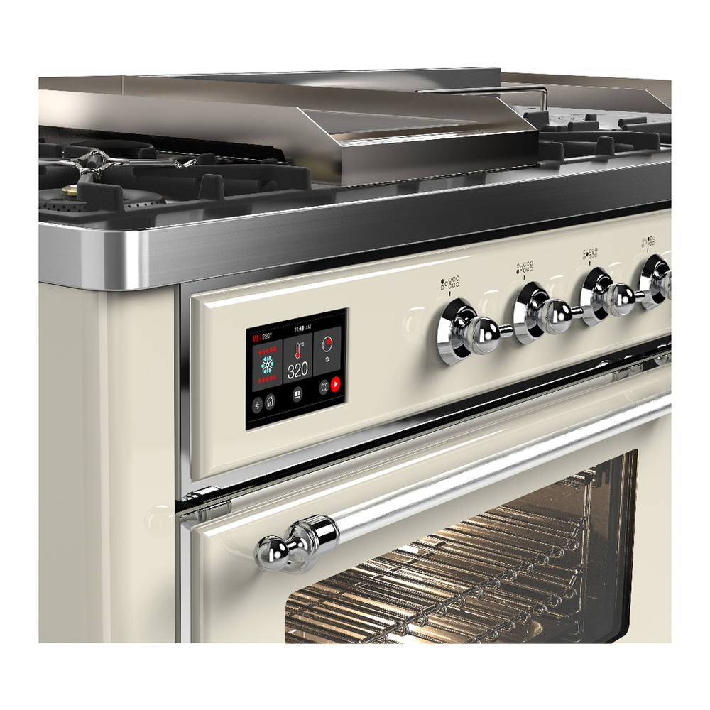 ILVE UM60FSNR3AWCLP Majestic III 60 inch Dual Fuel Range with 7 Burners, Griddle and French Top, Dual Function Burner with up to 25,000 BTU (Liquid Propane, Triple Glass Door, Antique White, Chrome) 7 ILVE-UM60FSNR3AWCLP-Control Knobs View