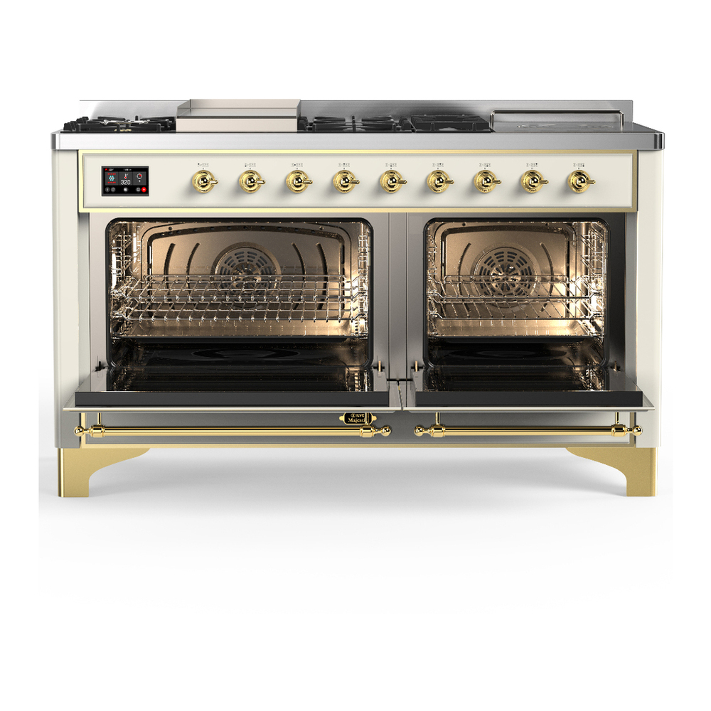 ILVE UM60FSNR3AWGLP Majestic III 60 inch Dual Fuel Range with 7 Burners, Griddle and French Top, Dual Function Burner with up to 25,000 BTU (Liquid Propane, Triple Glass Door, Antique White, Brass) 2 ILVE-UM60FSNR3AWGLP-Double Oven Open View