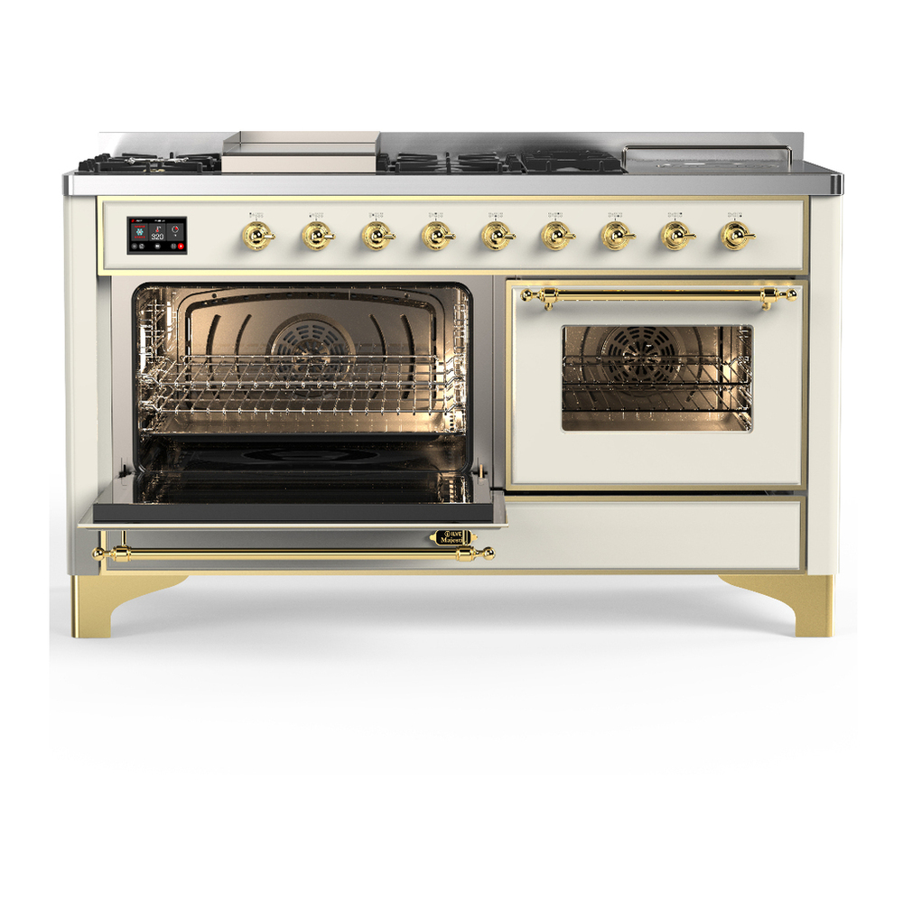 ILVE UM60FSNR3AWGLP Majestic III 60 inch Dual Fuel Range with 7 Burners, Griddle and French Top, Dual Function Burner with up to 25,000 BTU (Liquid Propane, Triple Glass Door, Antique White, Brass) 3 ILVE-UM60FSNR3AWGLP-Primary Oven Open View