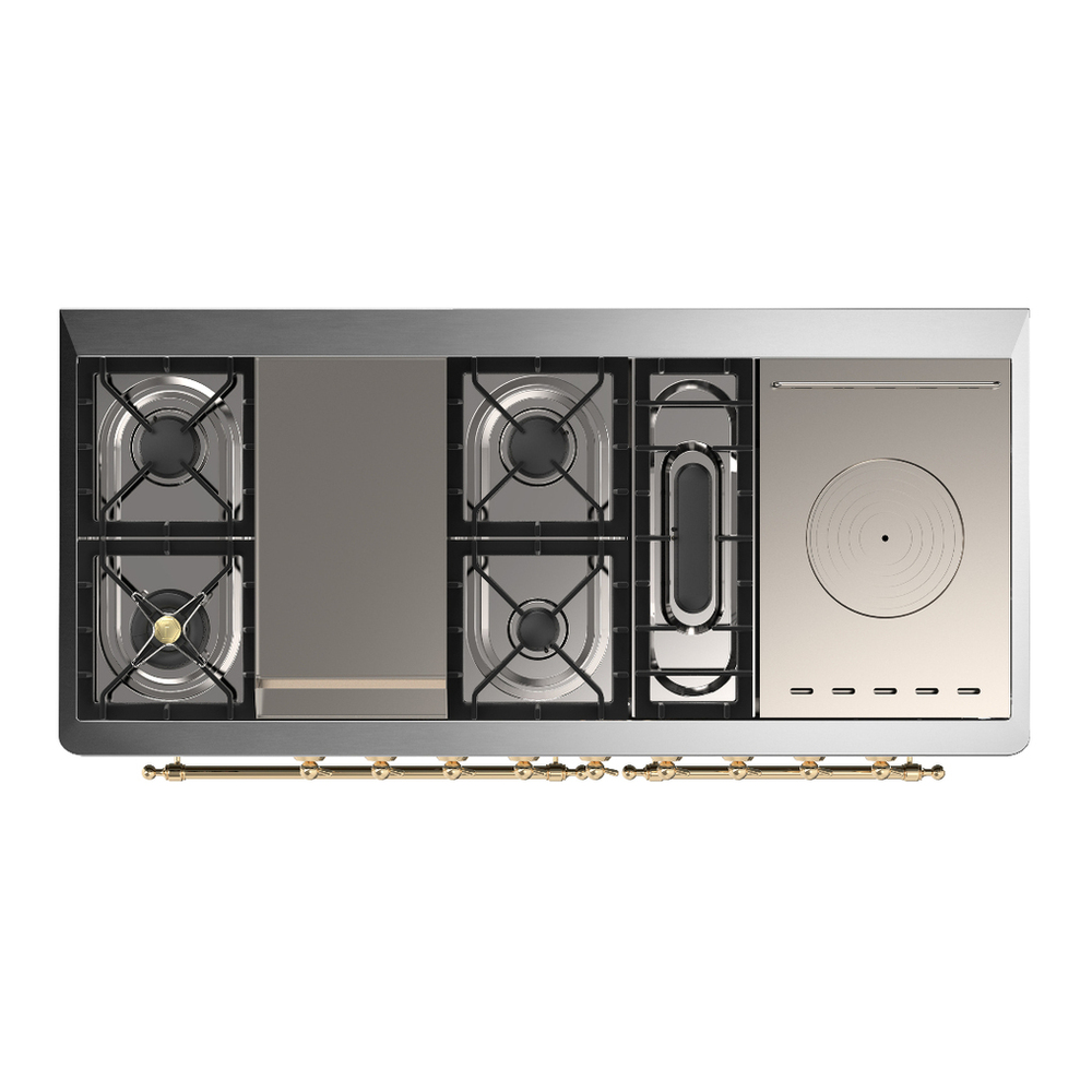 ILVE UM60FSNR3AWGLP Majestic III 60 inch Dual Fuel Range with 7 Burners, Griddle and French Top, Dual Function Burner with up to 25,000 BTU (Liquid Propane, Triple Glass Door, Antique White, Brass) 6 ILVE-UM60FSNR3AWGLP-Top View