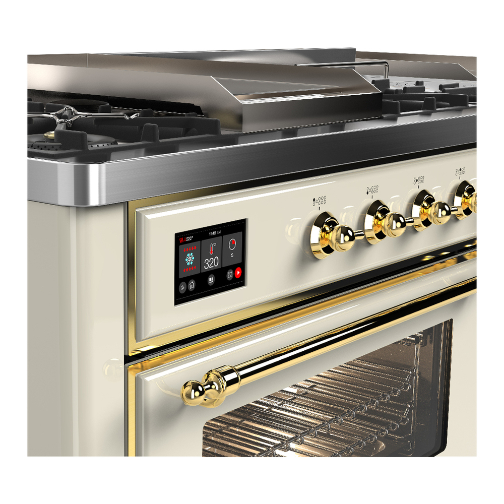 ILVE UM60FSNR3AWGLP Majestic III 60 inch Dual Fuel Range with 7 Burners, Griddle and French Top, Dual Function Burner with up to 25,000 BTU (Liquid Propane, Triple Glass Door, Antique White, Brass) 7 ILVE-UM60FSNR3AWGLP-Control Knobs View