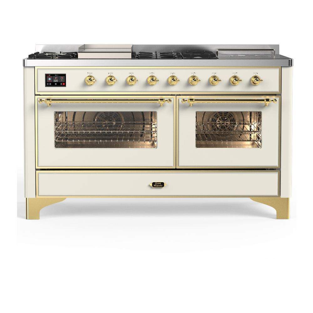 ILVE UM60FSNR3AWG Majestic III 60 inch Dual Fuel Range with 7 Burners, Griddle and French Top, Dual Function Burner with up to 25,000 BTU (Natural Gas, Triple Glass Door, Antique White, Brass) 1 UM60FSNR3AWG